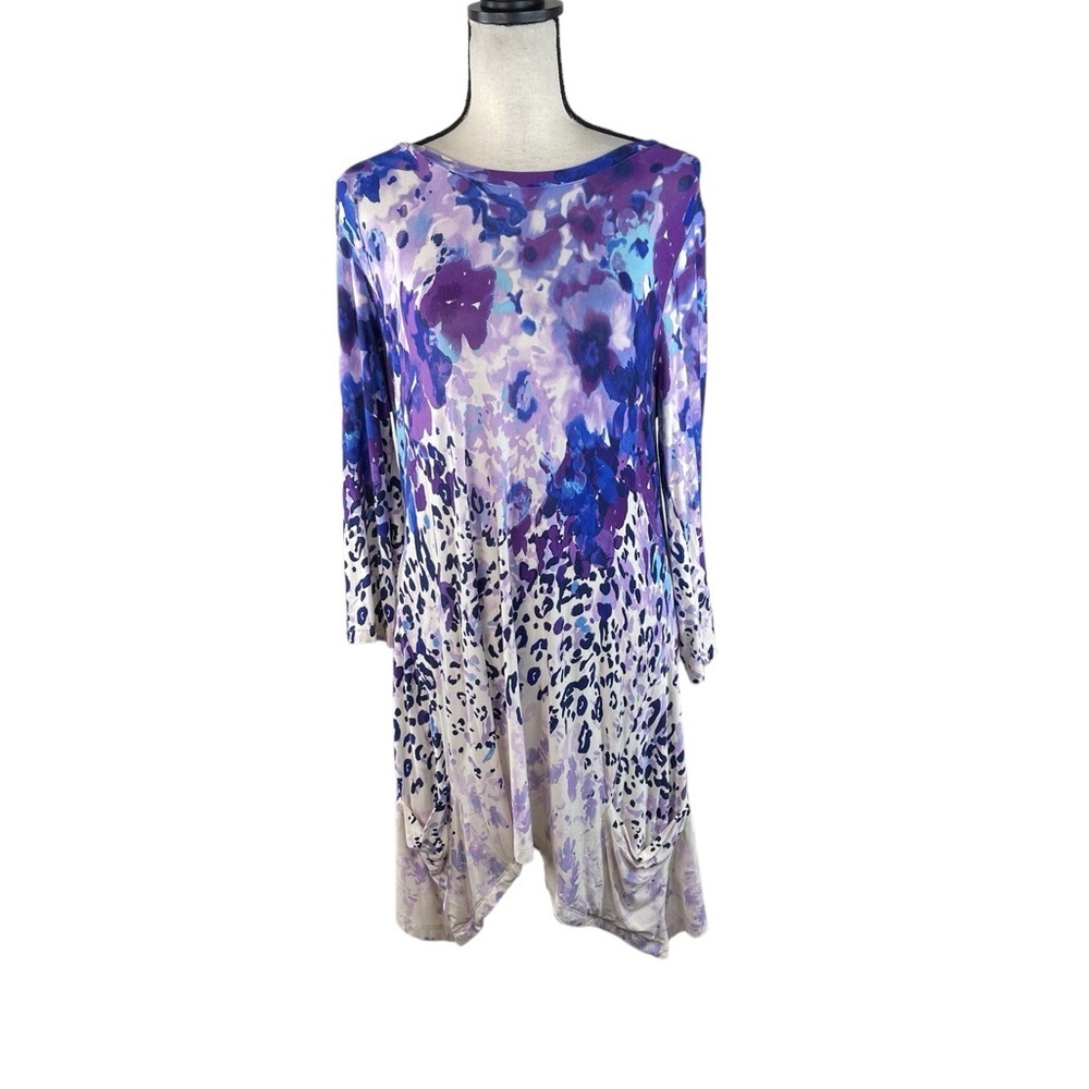 LOGO by Lori Goldstein 3/4 Sleeve Tunic Top Lagenlook Pockets Asymmetrical Hem M